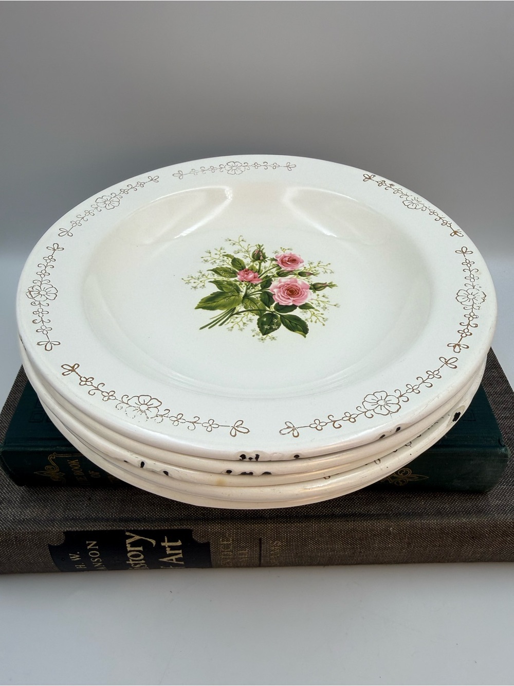 6 Vintage Tres Enamelware Plates Rose Floral Mexico 8.5”